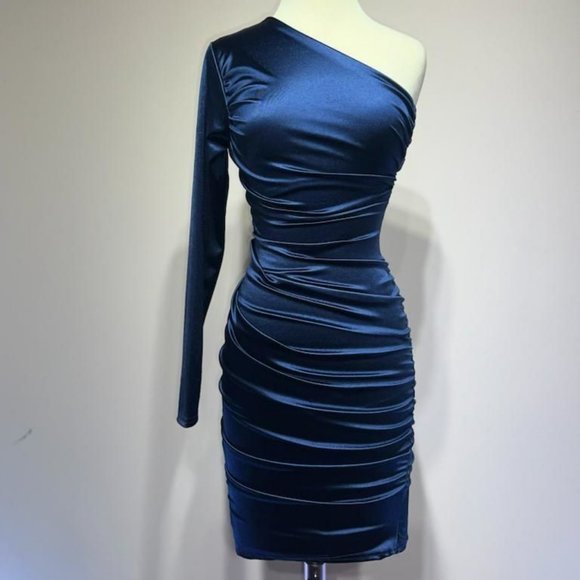 NEW SHORT EVENING DRESS WITH ONE SHOULDER NECKLINE AND ZIPPER BACK CD B2313 - Picture 1 of 8